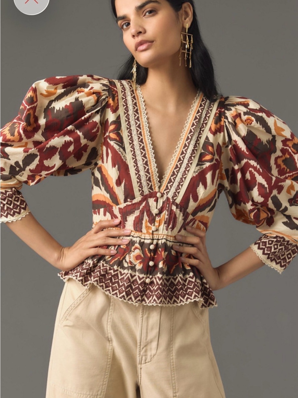 FARM Rio Rust, Cream & Brown Ikat Puff-Sleeve V-Neck Peplum Top